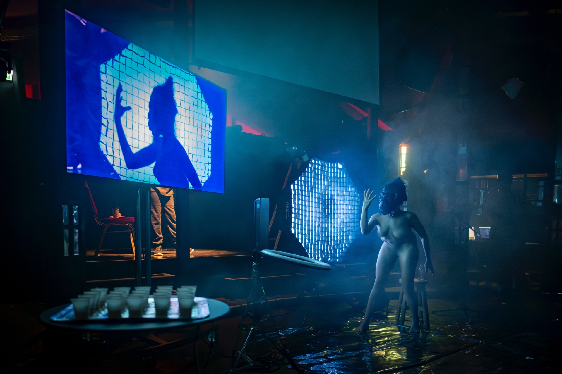 Une personne nue avec un masque de singe est sur une scène éclairée en bleu et son visage est projeté sur un grand écran derrière elle.