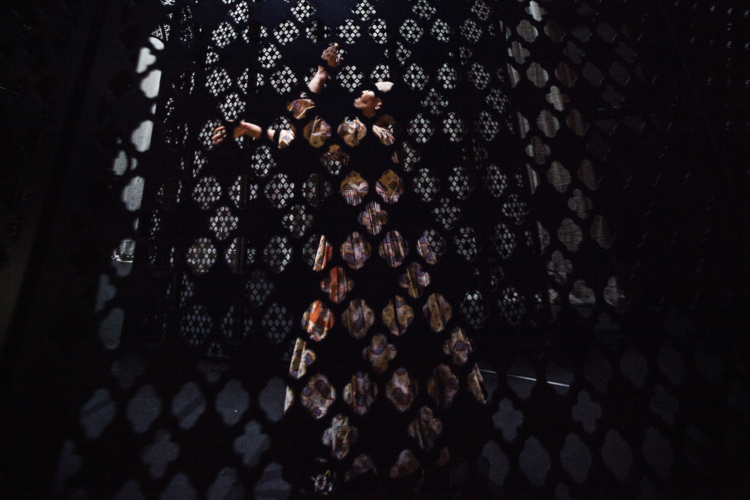 An interpreter dances behind a mashrabiya, wearing a long, patterned, pleated dress.