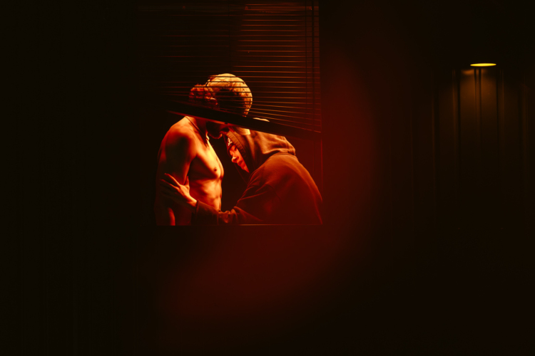 The character Querelle is seen behind the blinds of a window, lit by a warm light and shirtless, while another character approaches his torso.