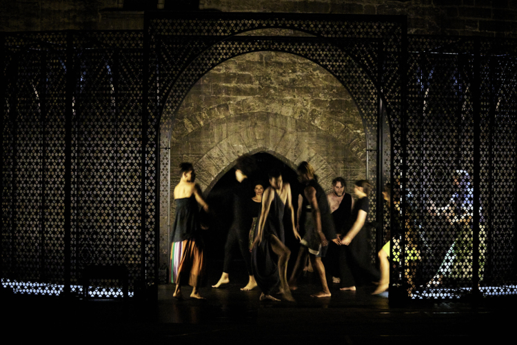Several performers dressed in black can be seen dancing between two mashrabiya screens.