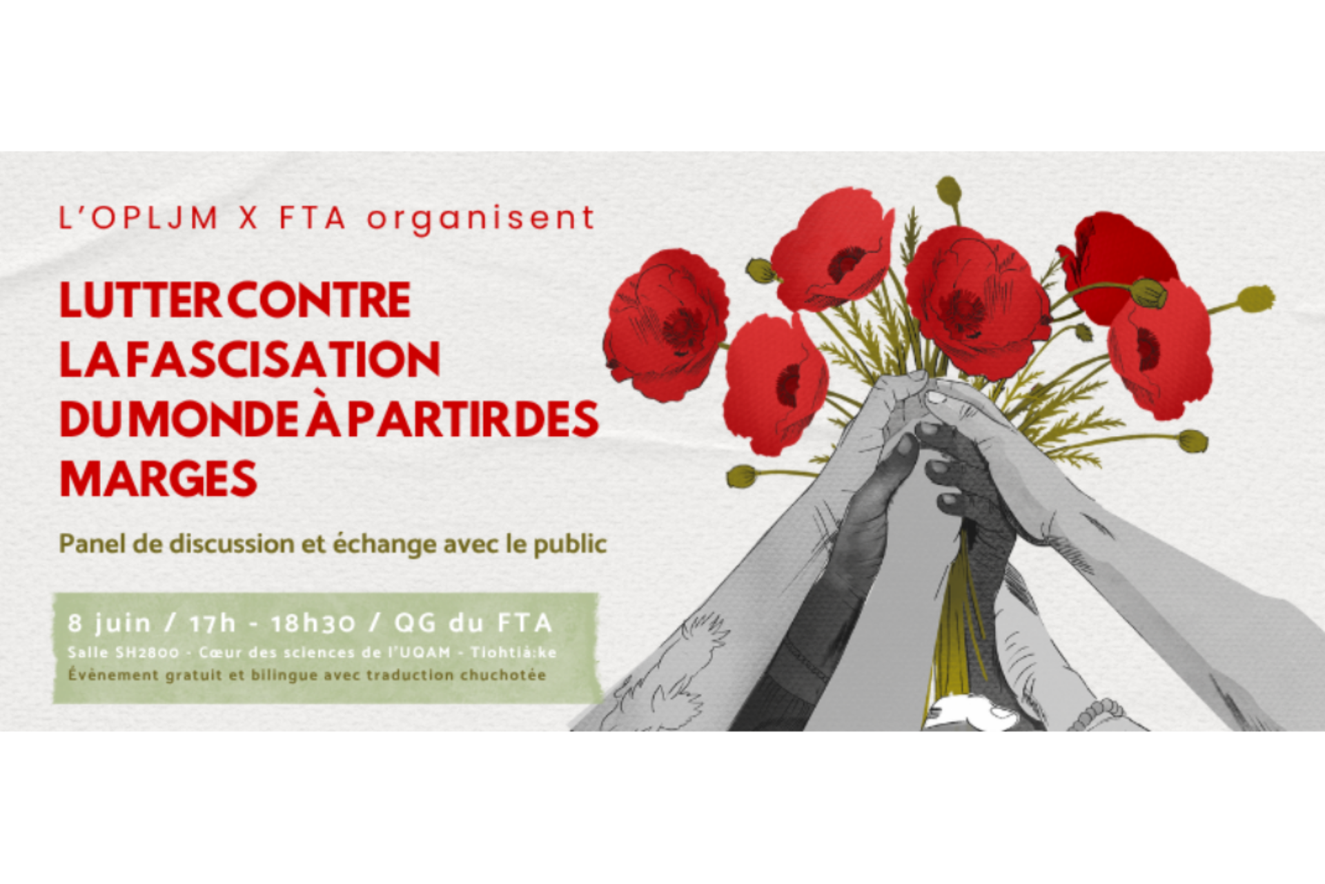 Le titre de l'événement est écrit à gauche et sur la droite il y a un dessin de mains qui se tiennent vers le haut, tenant des coquelicots.