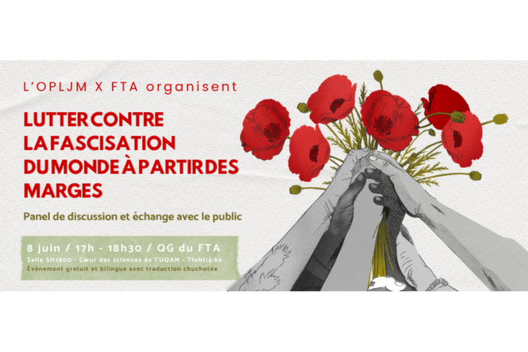 Le titre de l'événement est écrit à gauche et sur la droite il y a un dessin de mains qui se tiennent vers le haut, tenant des coquelicots.