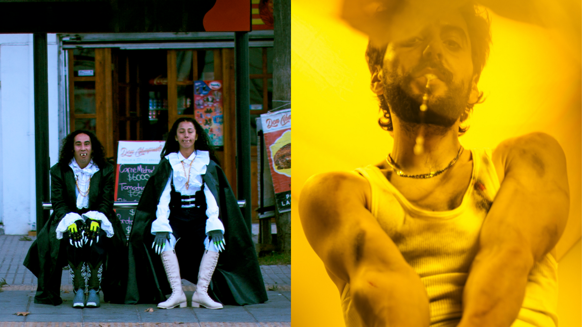 L'image est séparée en deux images. À gauche, deux personnages habillés en costume de vampire sont assis à un arrêt de bus. À droite, un personnage sous une lumière jaune en débardeur blanc.